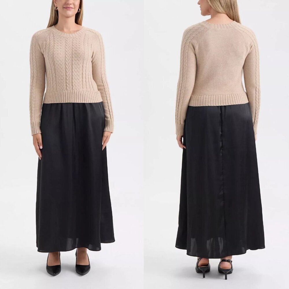 NWT New $149 Ellen Tracy Twofer Cable Maxi Taupe Mix Sweater Dress Size XS